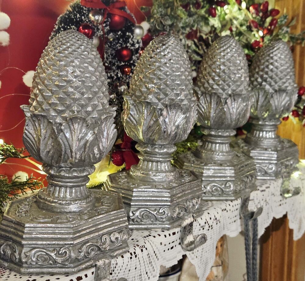 Set of 4 Vintage Silver Resin Pineapple Stocking Holder Hanger Aged Look HEAVY